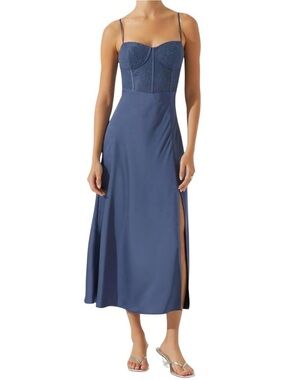 NWT ASTR Denim-Blue Lace Bustier Maxi Dress with Side Slit